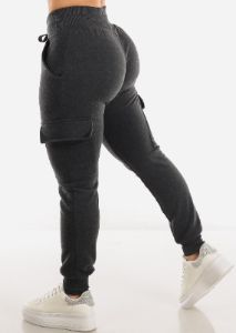 Fleece High Waist Cargo Jogger Sweatpants Charcoal sold by Moda