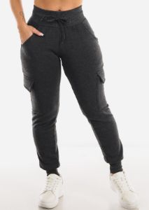Fleece High Waist Cargo Jogger Sweatpants Charcoal sold by Moda