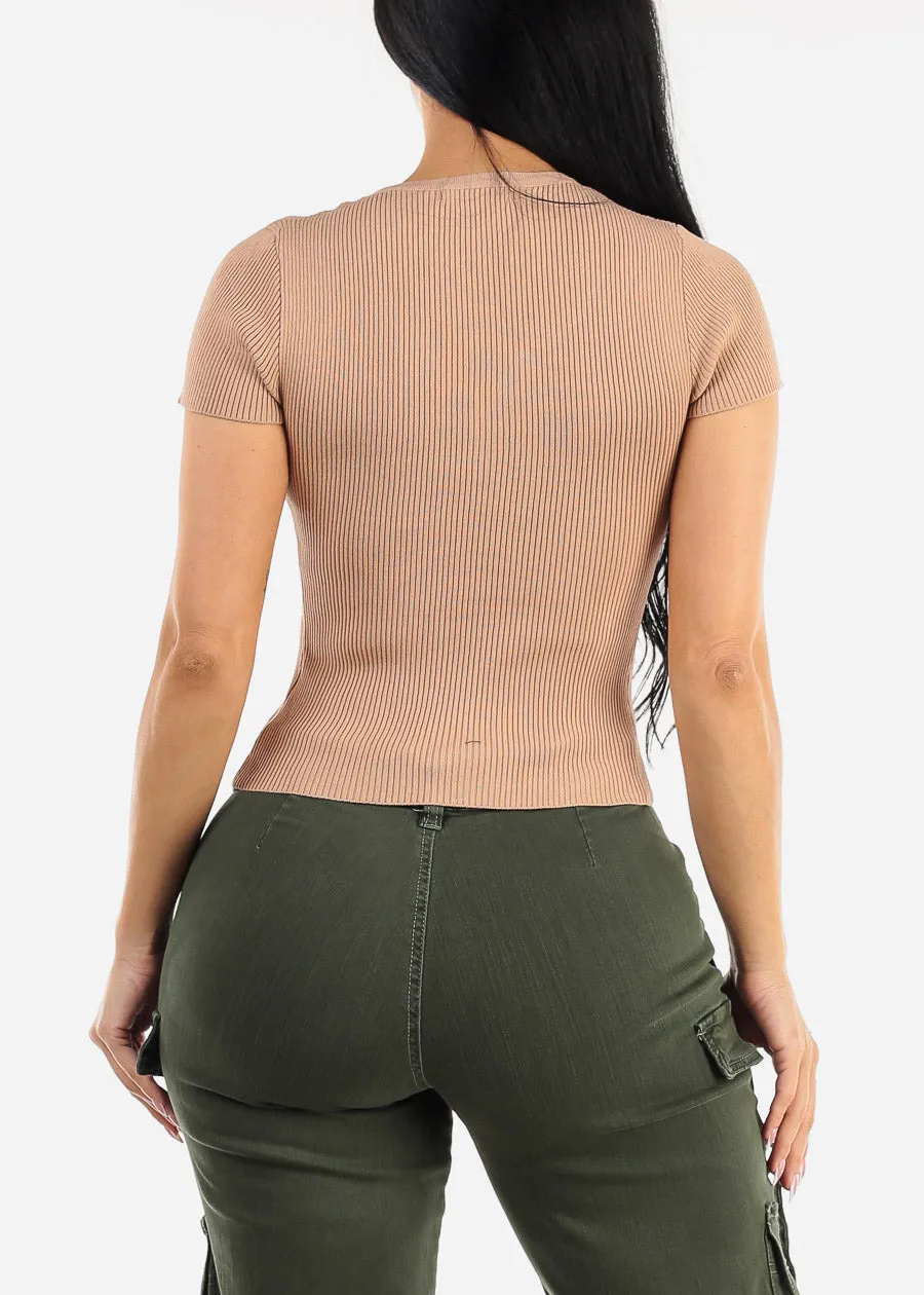 Short Sleeve Ribbed Henley Top Khaki sold by Moda product image thumbnail 4