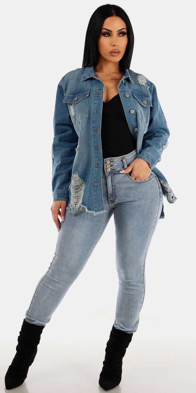 Acid Wash Denim Surplice Shacket Trio sold by Moda