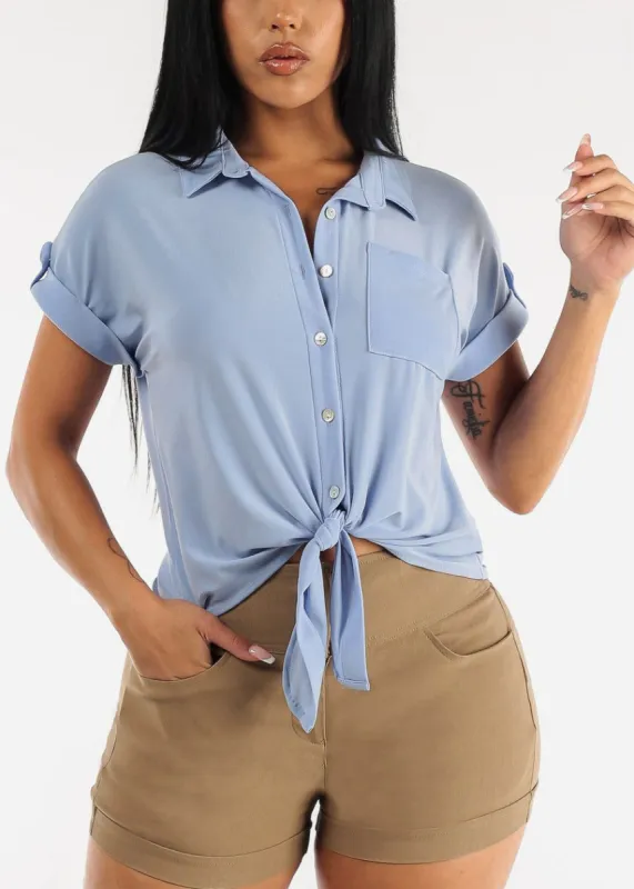 Short Sleeve Tie Front Button Up Shirt Dusty Blue sold by Moda