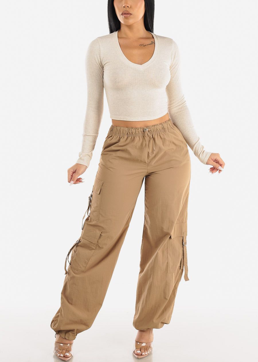 Vneck Long Sleeve Ribbed Crop Top Oatmeal sold by Moda product image thumbnail 2