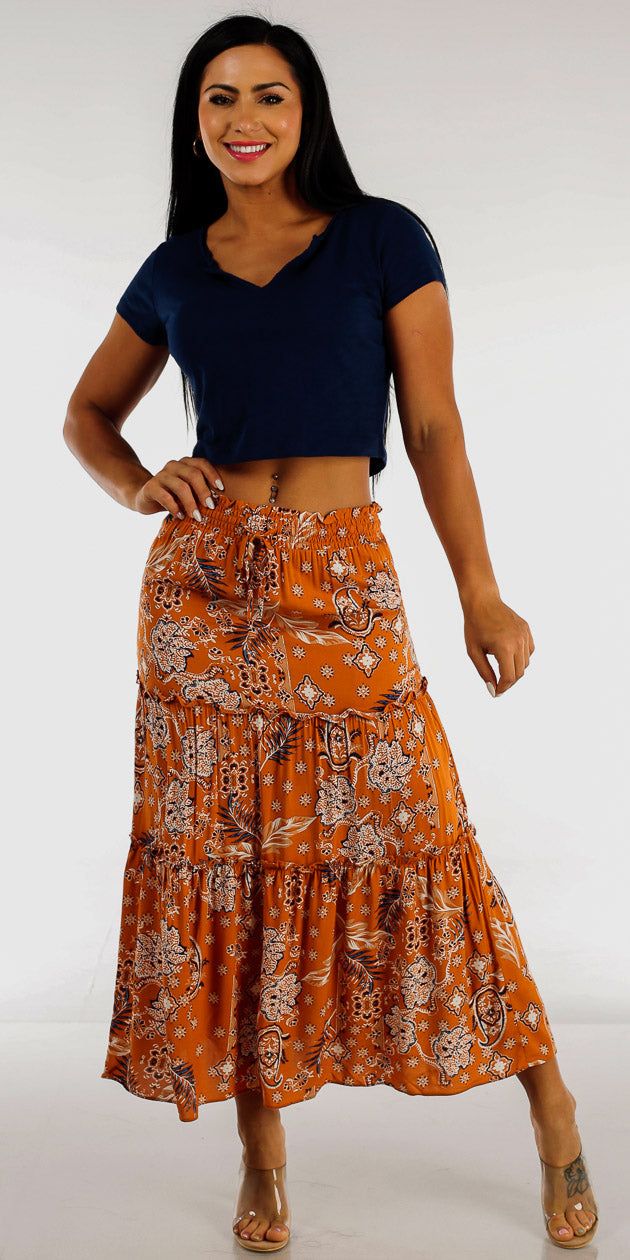 Floral Tiered Maxi Skirt with Short Sleeve Navy Cotton Crop Top sold by Moda
