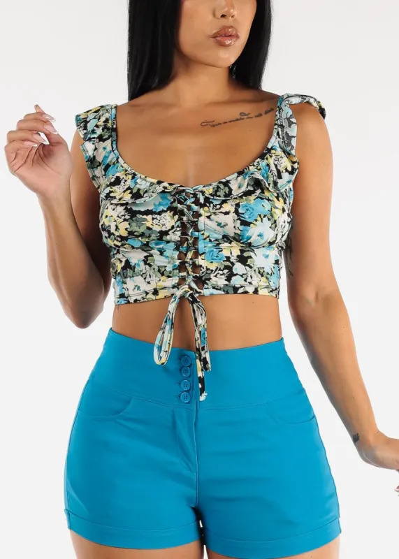 Sleeveless Lace Up Ruffled Floral Crop Top Blue sold by Moda
