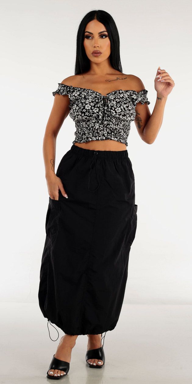 High Rise Black Maxi Cargo Skirt with Black Smocked Waist Off Shoulder Crop Top sold by Moda