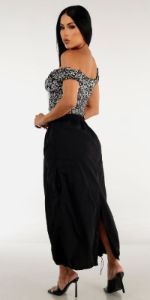 High Rise Black Maxi Cargo Skirt with Black Smocked Waist Off Shoulder Crop Top sold by Moda