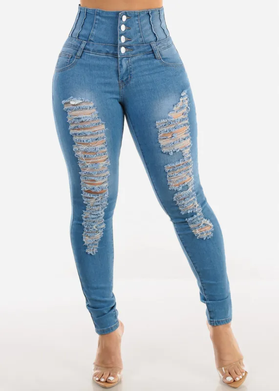 Super High Waist Distressed Skinny Jeans w Back Lace Up sold by Moda