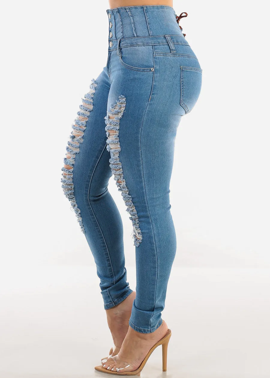 Super High Waist Distressed Skinny Jeans w Back Lace Up sold by Moda product image thumbnail 3