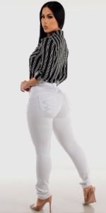 White Mid Rise Butt Lifting Skinny Jeans with Button Up Black Stripe Shirt sold by Moda