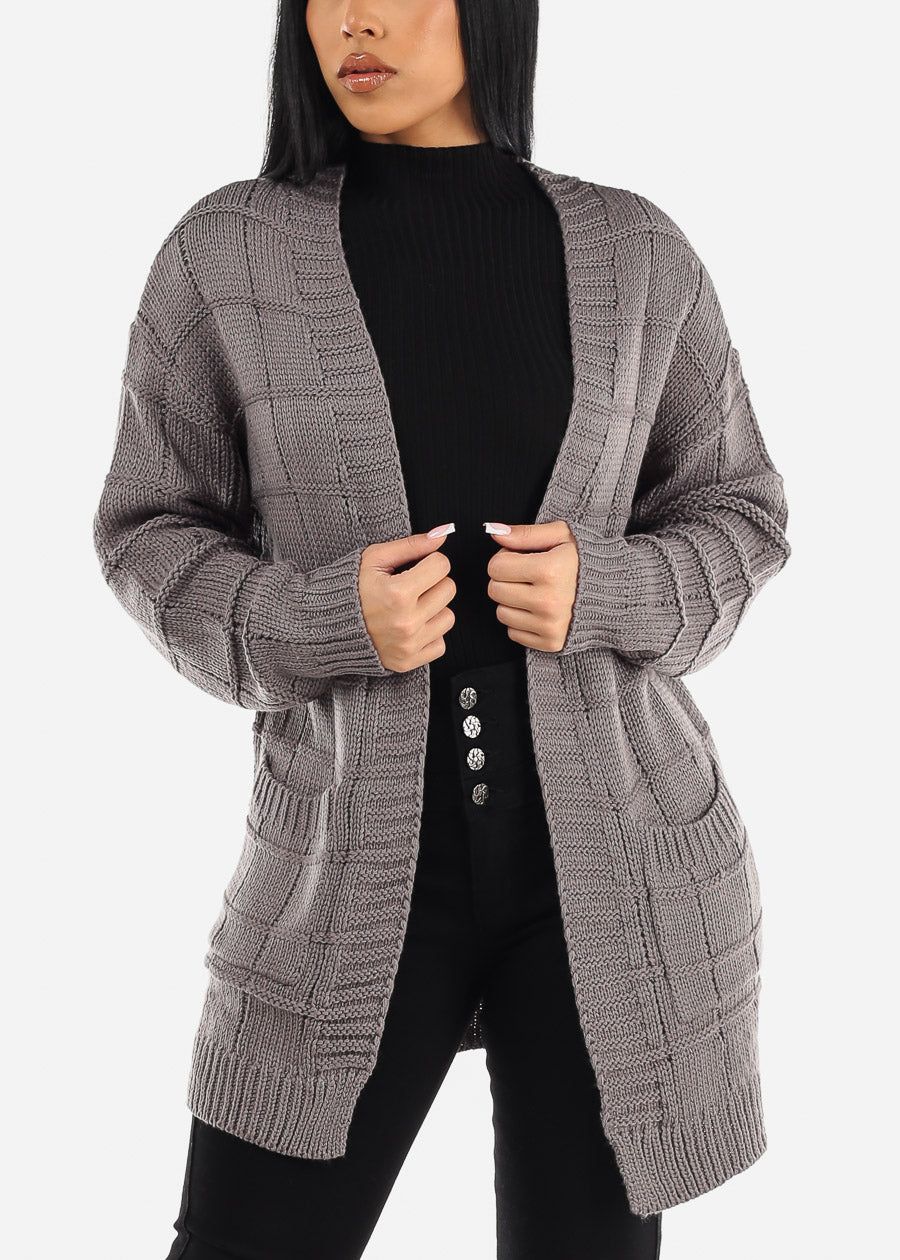 Long Sleeve Open Front Knitted Maxi Cardigan Charcoal sold by Moda