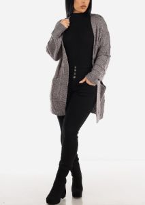 Long Sleeve Open Front Knitted Maxi Cardigan Charcoal sold by Moda