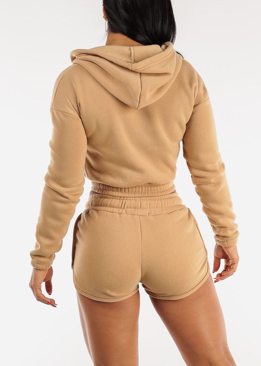 Fleece Zip Up Cropped Hoodie & Shorts Khaki (2 PCE SET) sold by Moda product image thumbnail 4