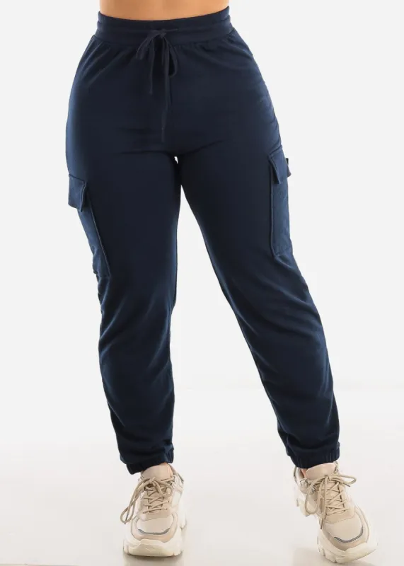 High Drawstring Waist Cargo Jogger Pants Navy sold by Moda