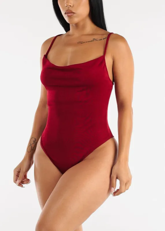 Sleeveless Slinky Cowl Neck Thong Bodysuit Dark Red sold by Moda