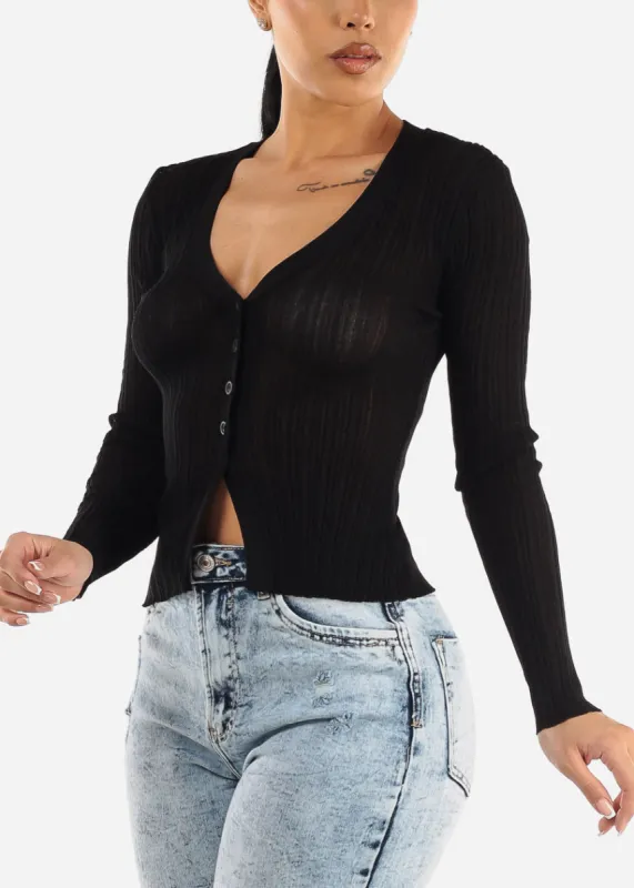 Black Long Sleeve Button Down Sheer Knit Cardigan sold by Moda