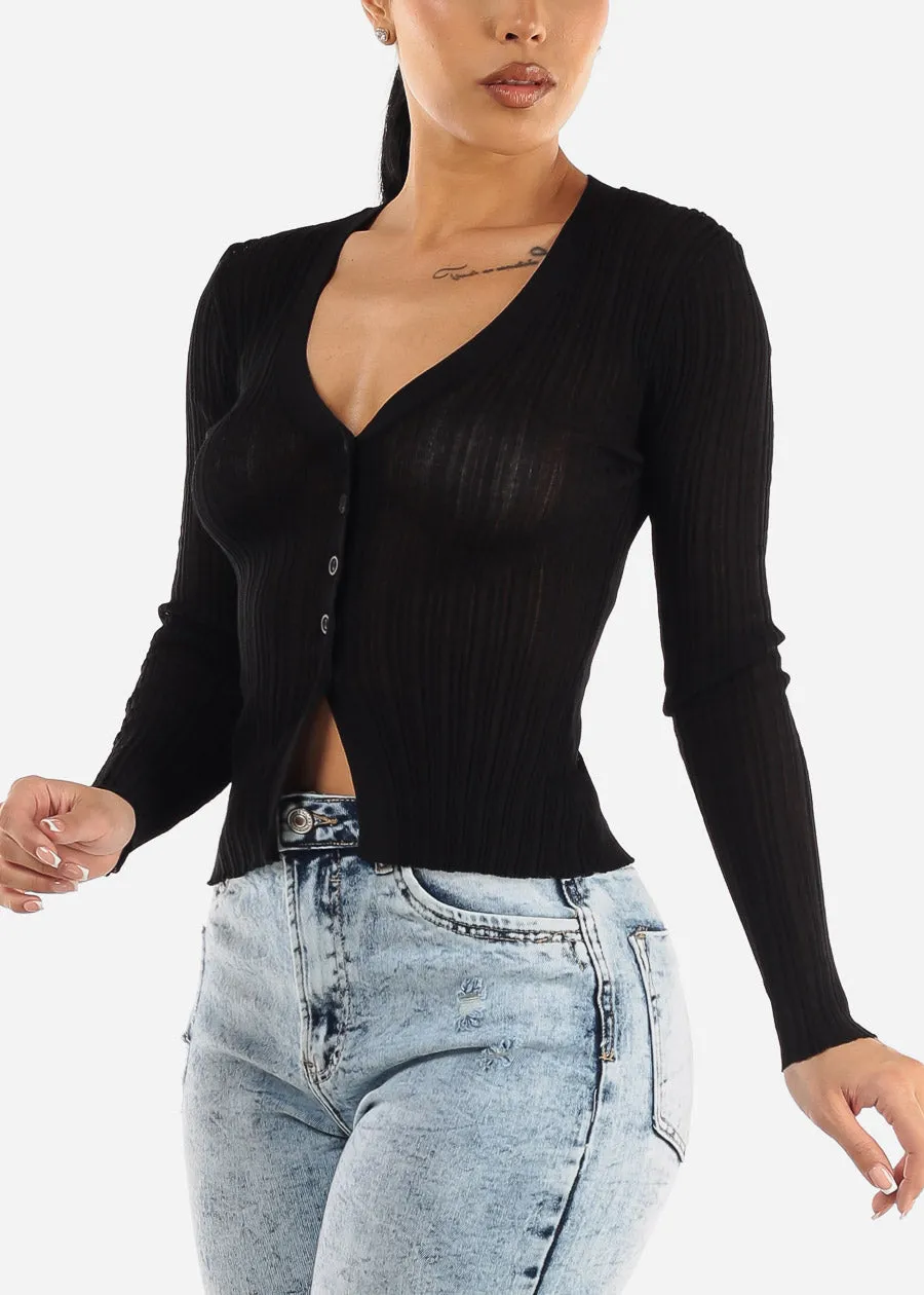 Black Long Sleeve Button Down Sheer Knit Cardigan sold by Moda