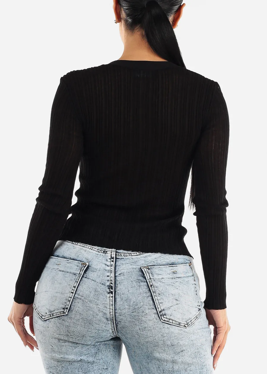 Black Long Sleeve Button Down Sheer Knit Cardigan sold by Moda product image thumbnail 4