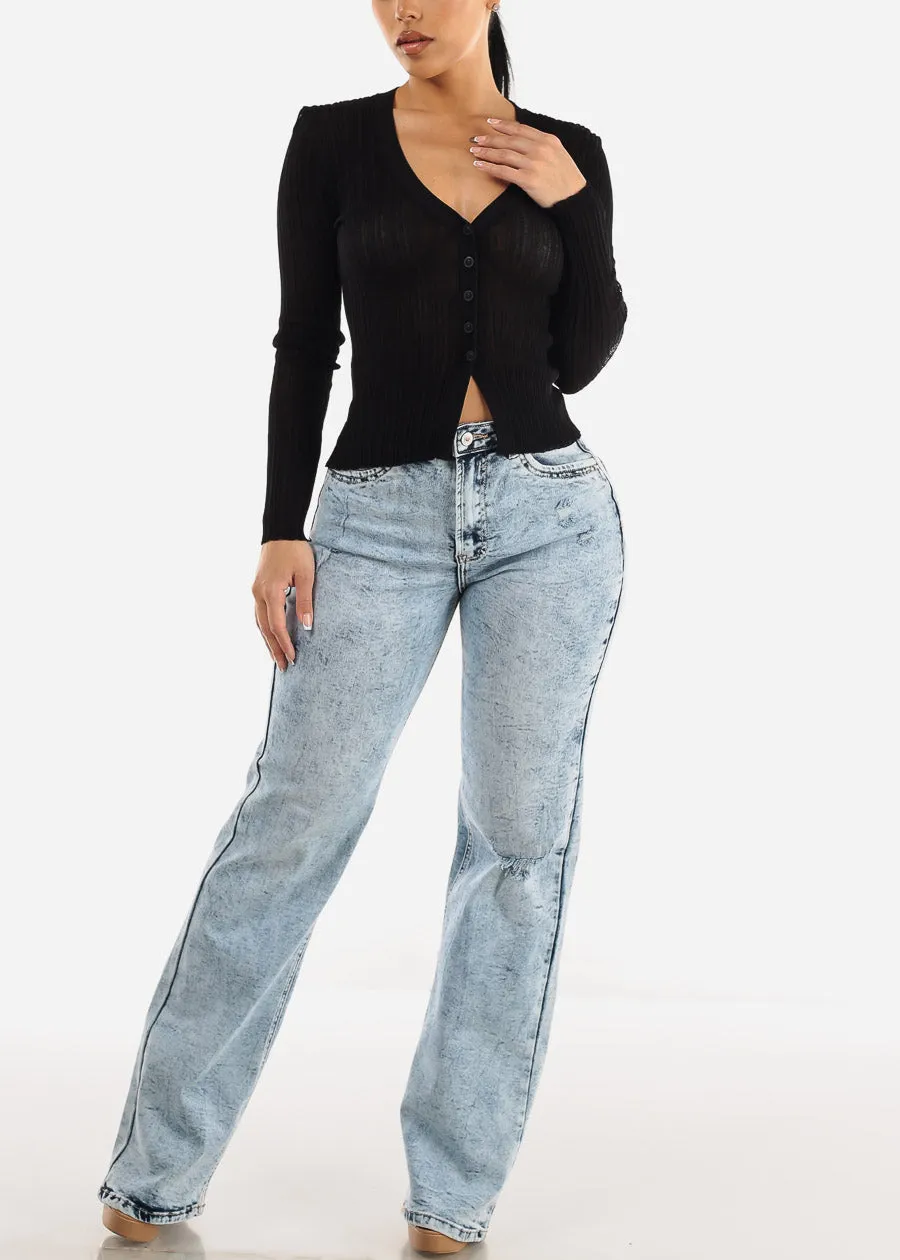 Black Long Sleeve Button Down Sheer Knit Cardigan sold by Moda product image thumbnail 2