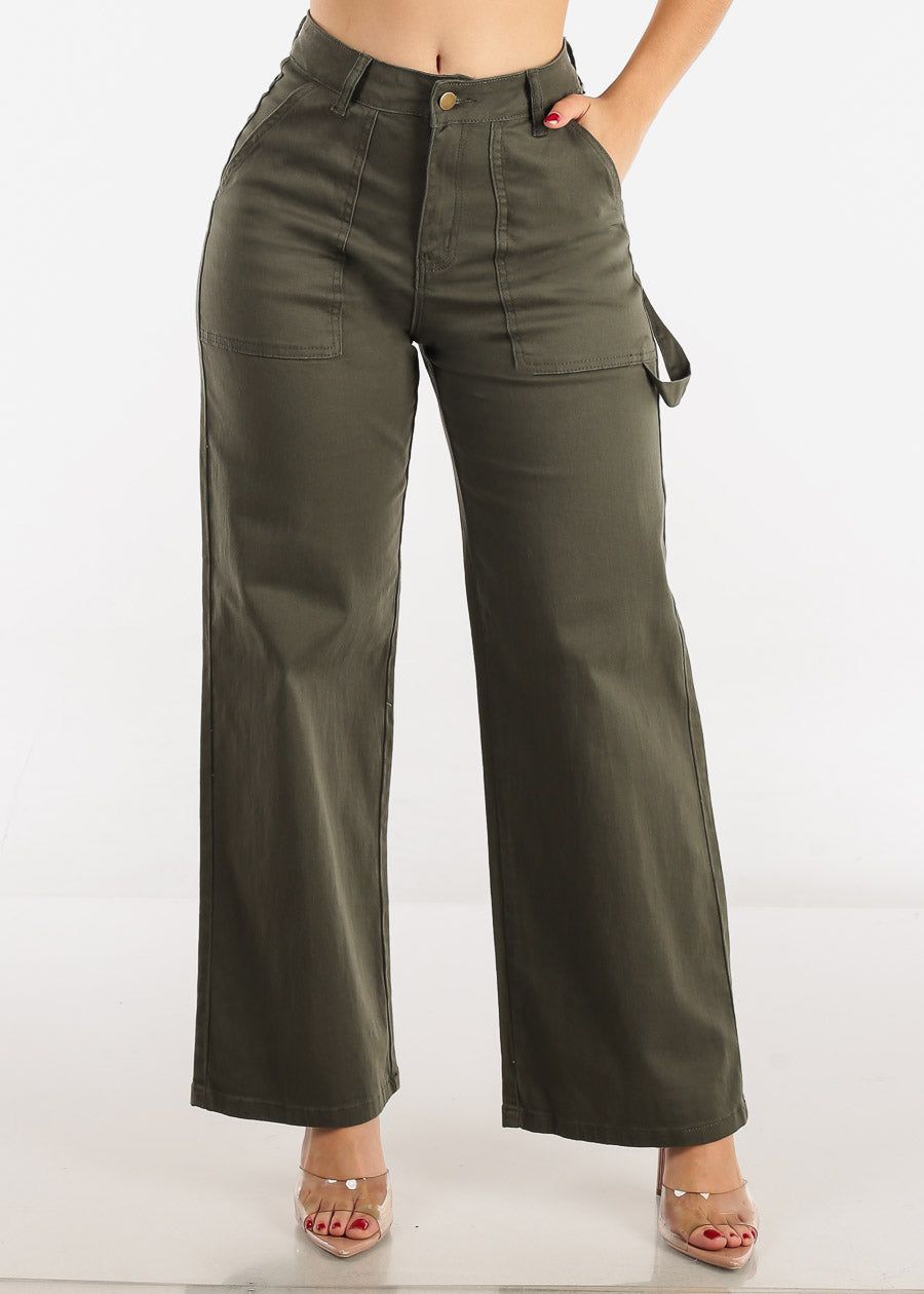 High Waisted Wide Leg Straight Pants Olive sold by Moda