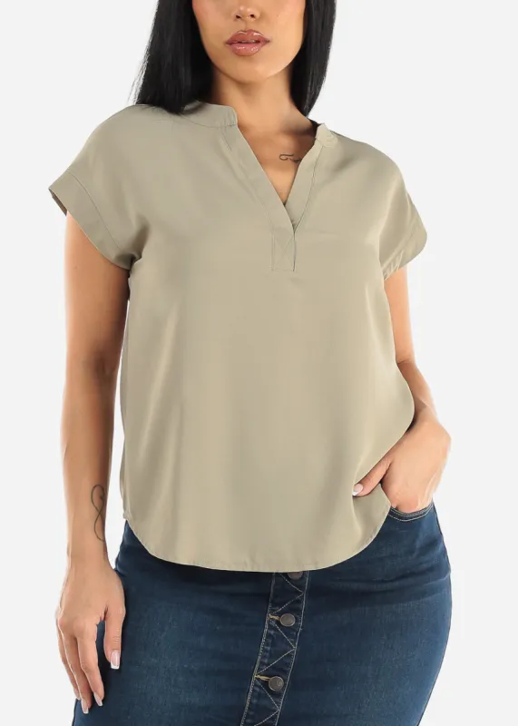 Short Sleeve Vneck Blouse Light Olive sold by Moda