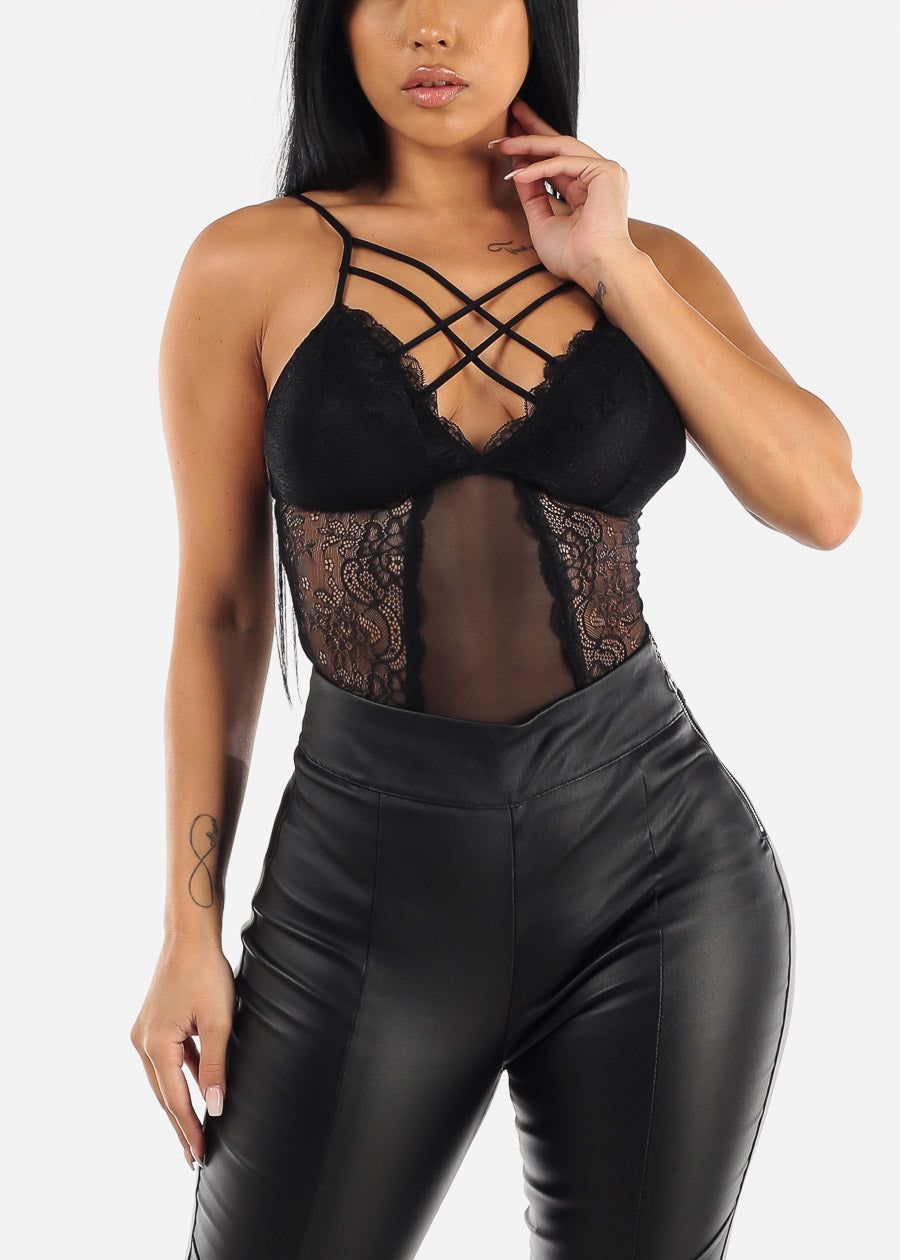 Sexy Lace Strappy Bodysuit Black sold by Moda