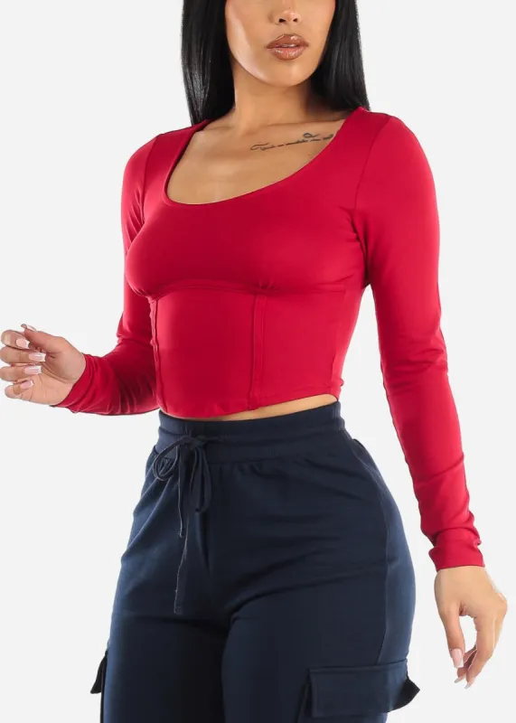 Long Sleeve Corset Style Crop Top Red sold by Moda