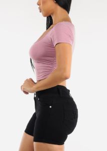 Short Sleeve Ruched Sides Crop Top Light Purple sold by Moda