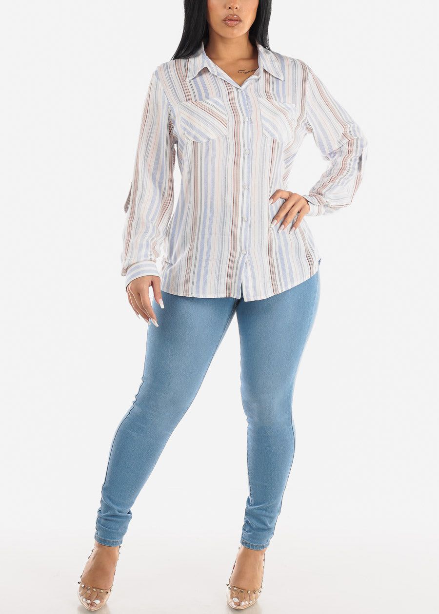 White Long Sleeve Button Up Striped Collared Blouse sold by Moda product image thumbnail 2