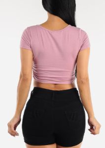 Short Sleeve Ruched Sides Crop Top Light Purple sold by Moda