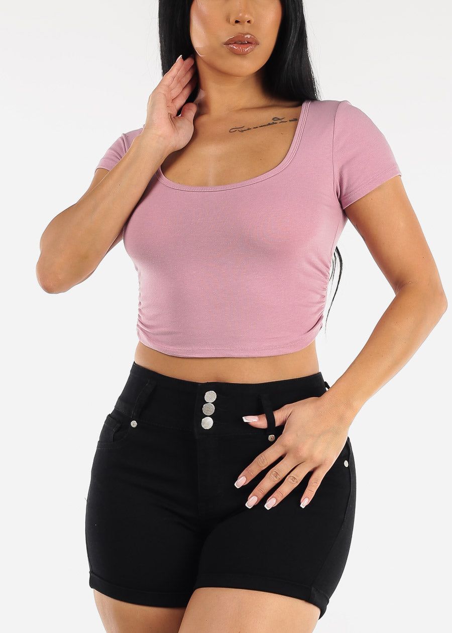 Short Sleeve Ruched Sides Crop Top Light Purple sold by Moda