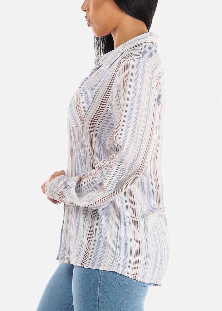 White Long Sleeve Button Up Striped Collared Blouse sold by Moda product image thumbnail 3