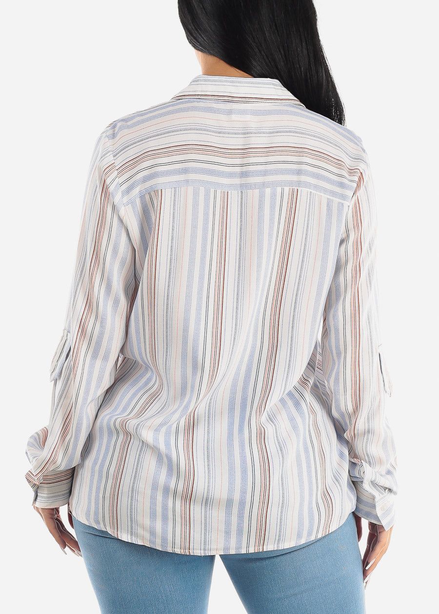 White Long Sleeve Button Up Striped Collared Blouse sold by Moda product image thumbnail 4