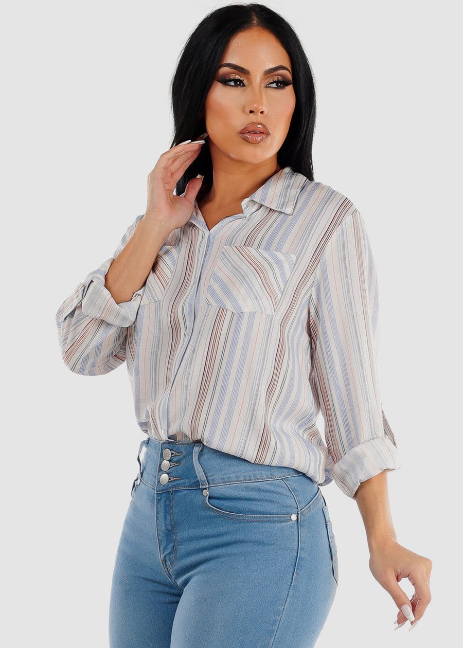 White Long Sleeve Button Up Striped Collared Blouse sold by Moda