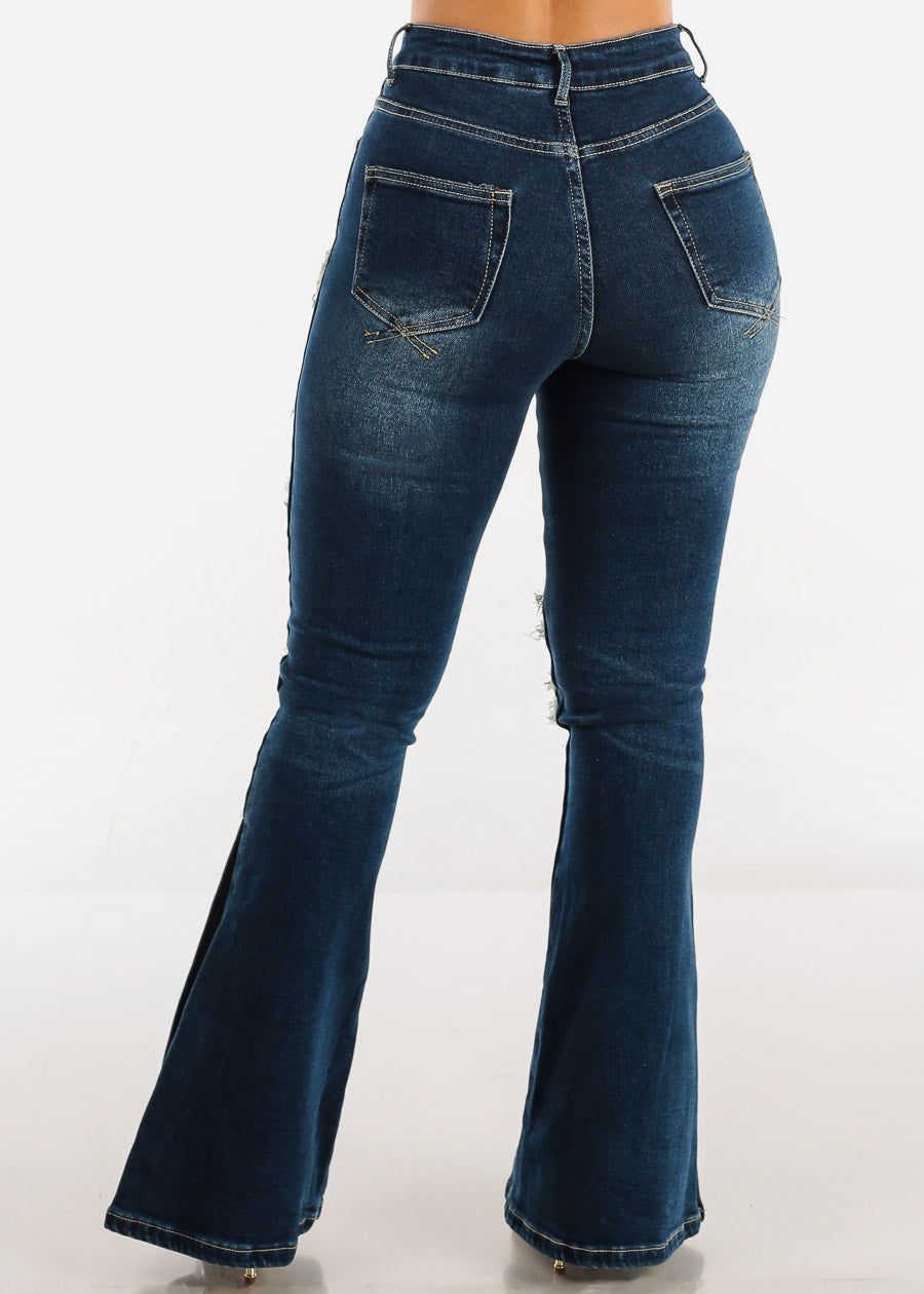 High Waisted Distressed Flared Jeans Dark Blue sold by Moda product image thumbnail 4
