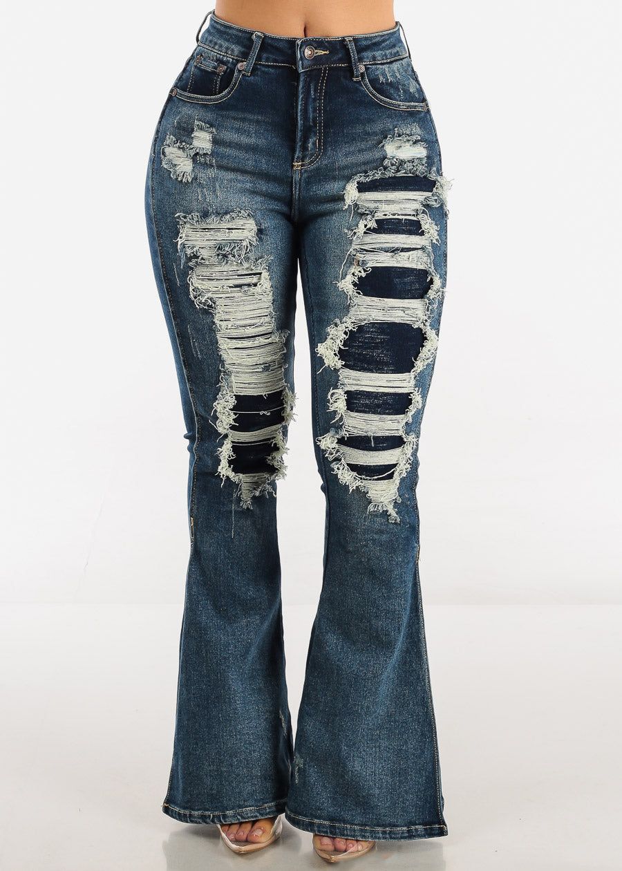 High Waisted Distressed Flared Jeans Dark Blue sold by Moda