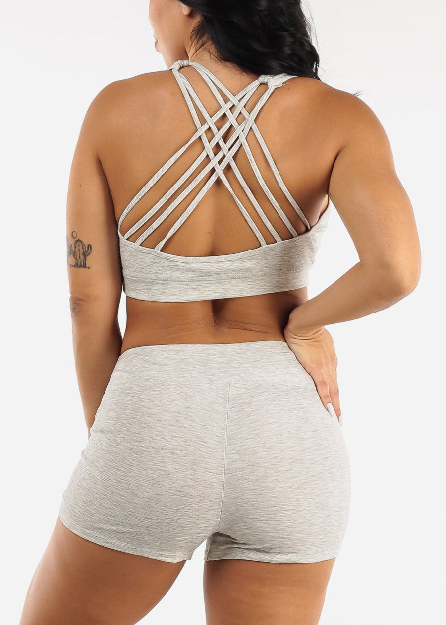 Strappy Sports Bra & Mid Rise Shorts Heather Grey ( 2 PCE SET) sold by Moda