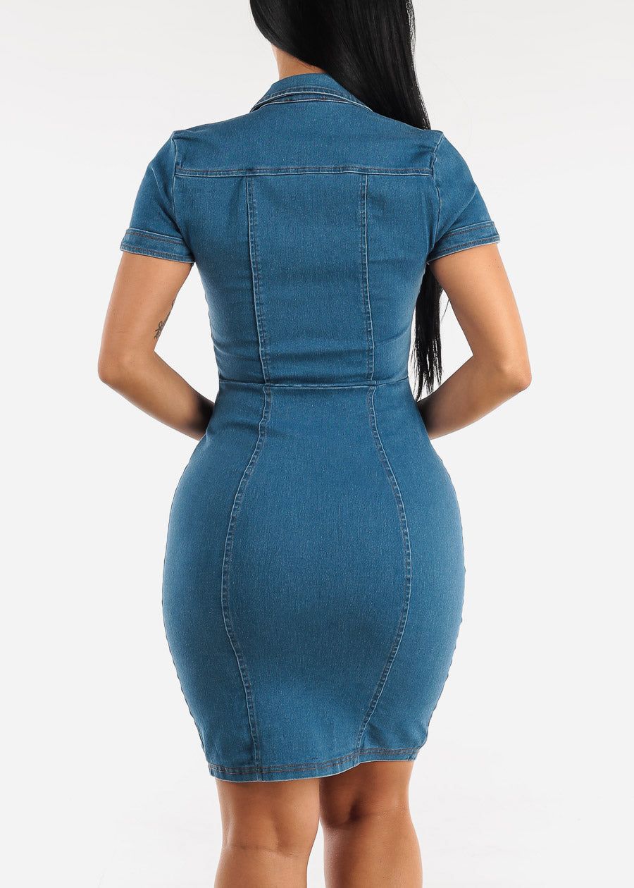Short Sleeve Zip Up Denim Bodycon Dress sold by Moda product image thumbnail 4