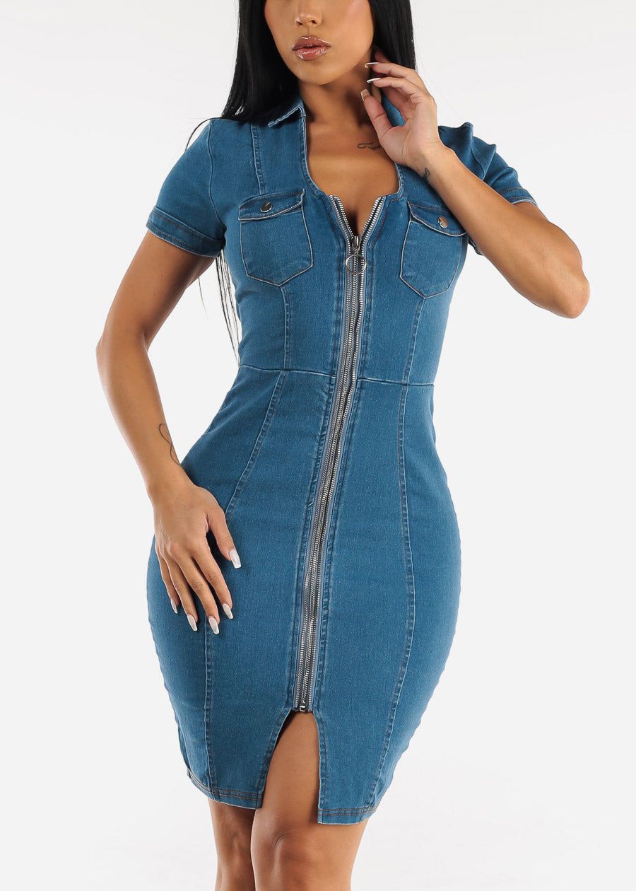 Short Sleeve Zip Up Denim Bodycon Dress sold by Moda
