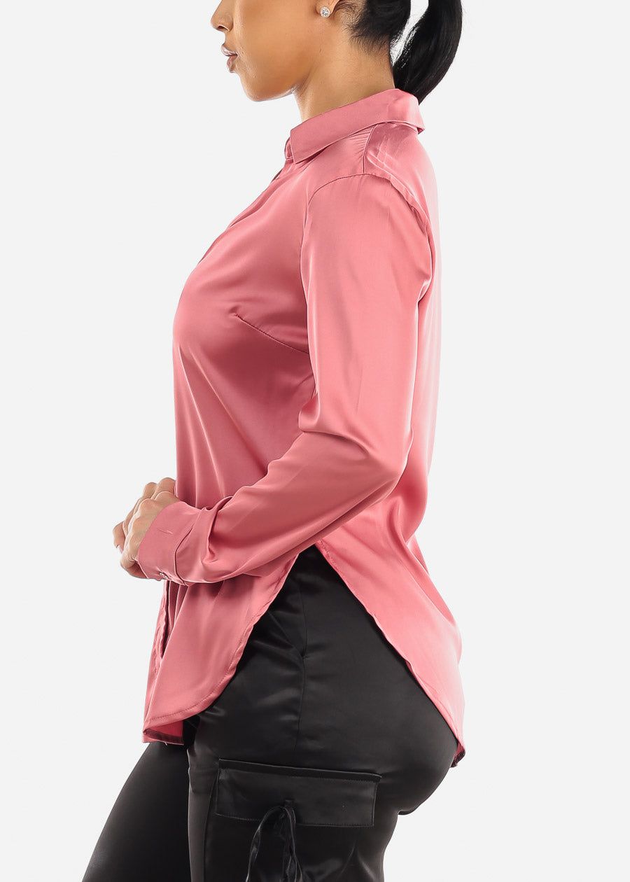 Satin Long Sleeve Button Down Collared Blouse Dark Rose sold by Moda product image thumbnail 3