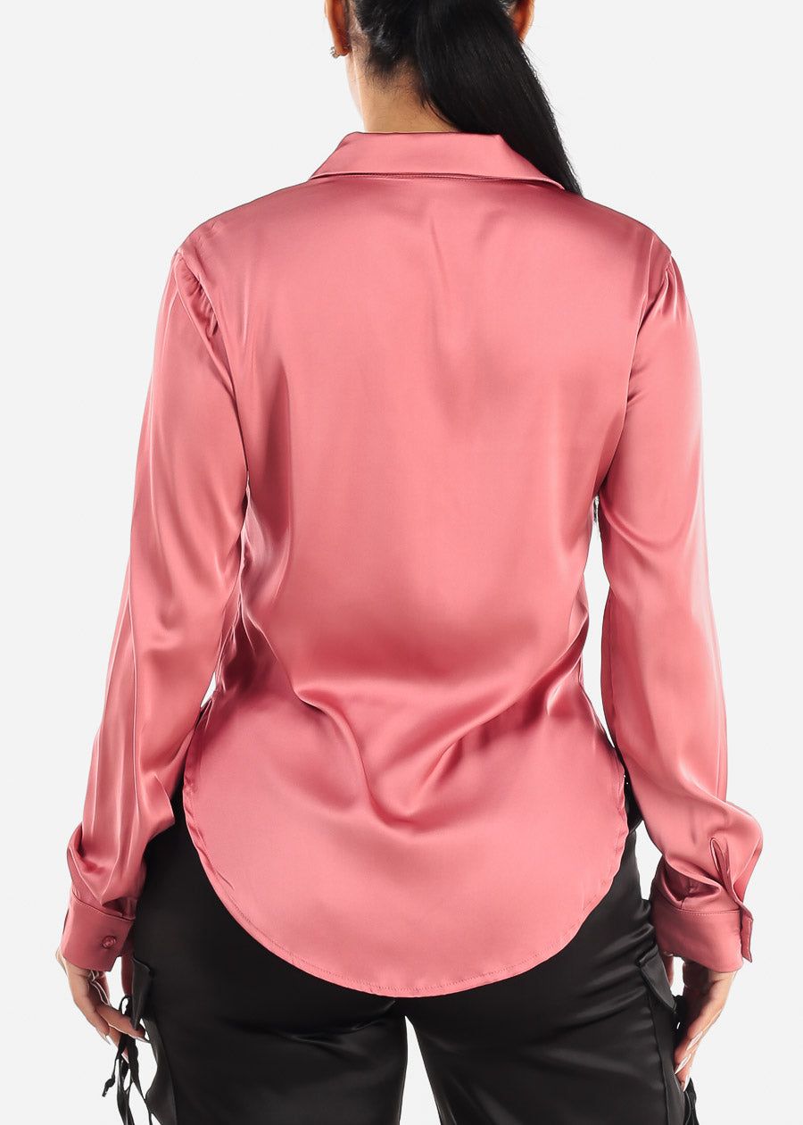 Satin Long Sleeve Button Down Collared Blouse Dark Rose sold by Moda product image thumbnail 4