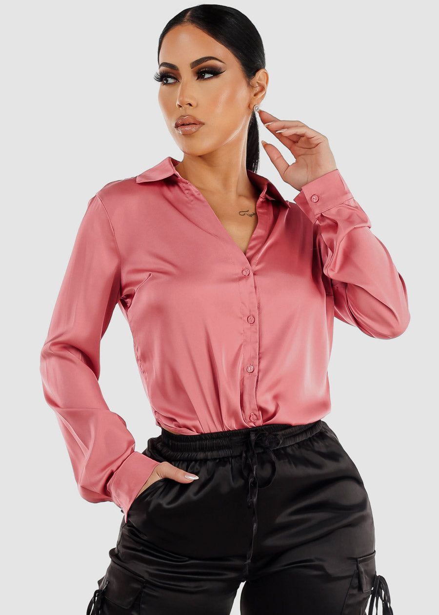 Satin Long Sleeve Button Down Collared Blouse Dark Rose sold by Moda product image thumbnail 2
