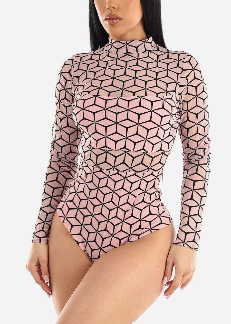 Long Sleeve Mock Neck Printed Mesh Bodysuit Light Pink sold by Moda