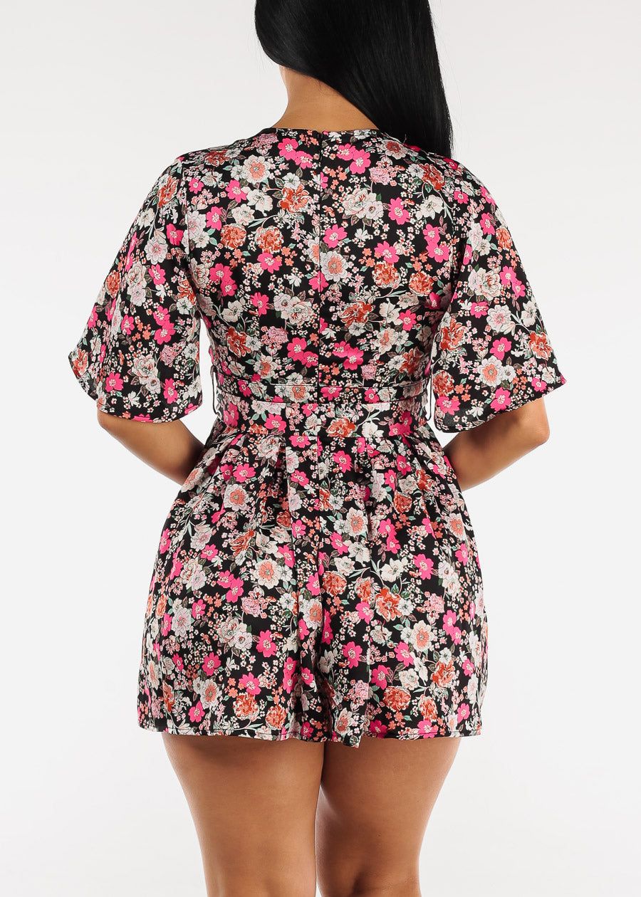 Short Sleeve Surplice Floral Romper Black w Belt sold by Moda product image thumbnail 4