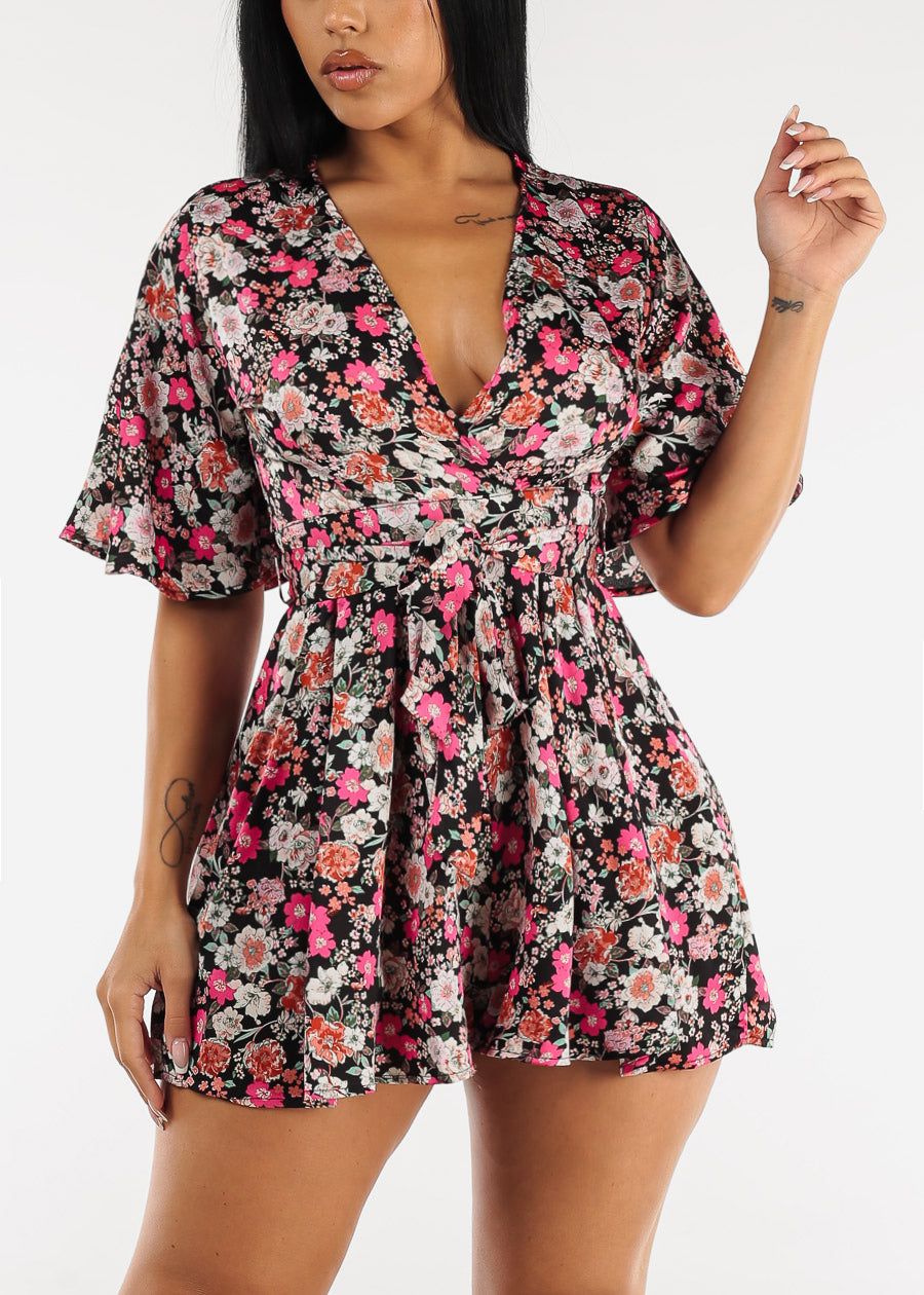 Short Sleeve Surplice Floral Romper Black w Belt sold by Moda