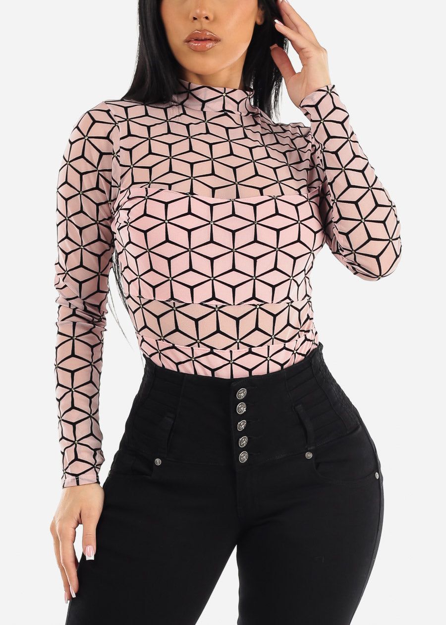 Long Sleeve Mock Neck Printed Mesh Bodysuit Light Pink sold by Moda product image thumbnail 5