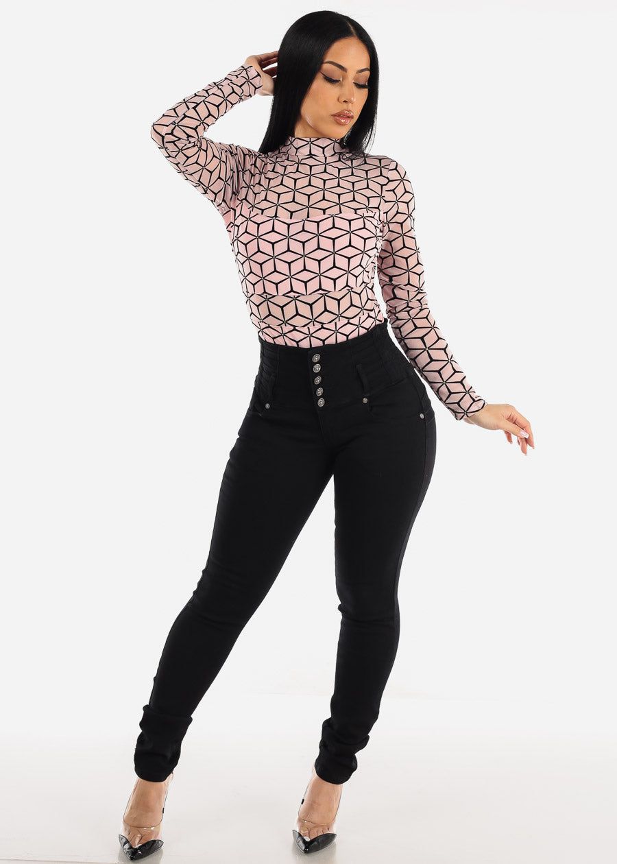 Long Sleeve Mock Neck Printed Mesh Bodysuit Light Pink sold by Moda product image thumbnail 2