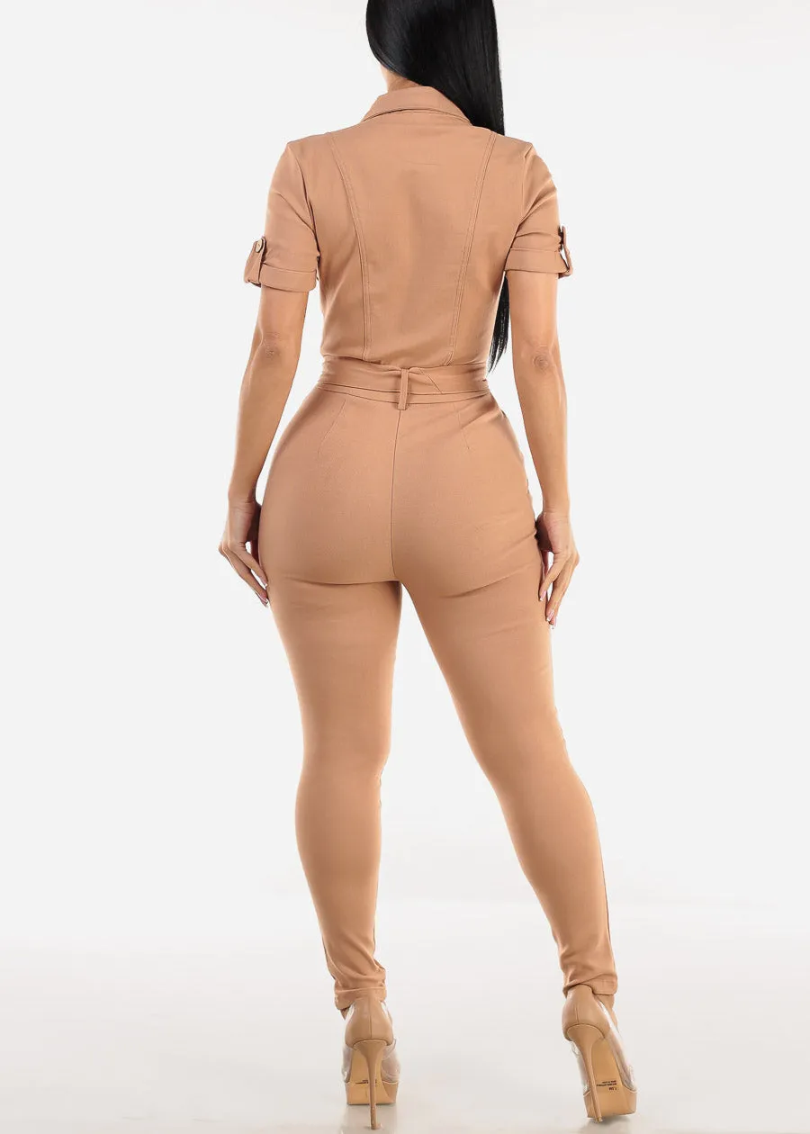 Short Sleeve Button Up Collared Jumpsuit Light Camel sold by Moda product image thumbnail 3