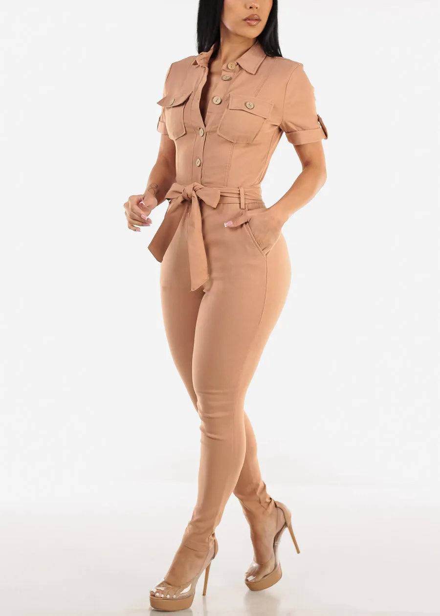 Short Sleeve Button Up Collared Jumpsuit Light Camel sold by Moda