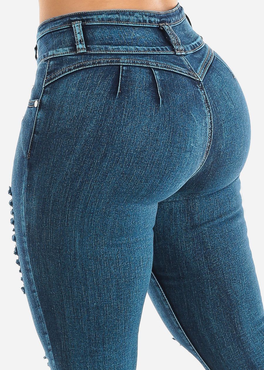 Butt Lift High Waist Ripped Skinny Jeans Med Sand Wash sold by Moda