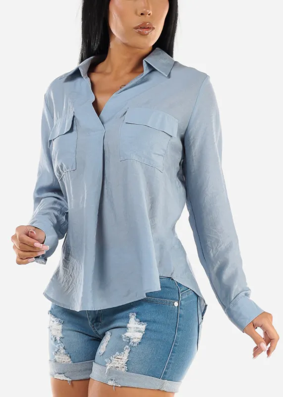 V Neck Long Sleeve Loose Collared Shirt Light Blue sold by Moda